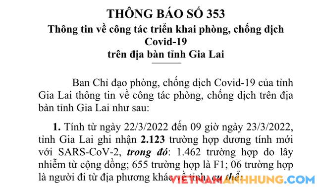 Sáng 23/3/2022, Gia Lai có thêm 2.123 trường hợp dương tính với Sars-CoV-2 và 02 trường hợp tử vong vì Covid-19
