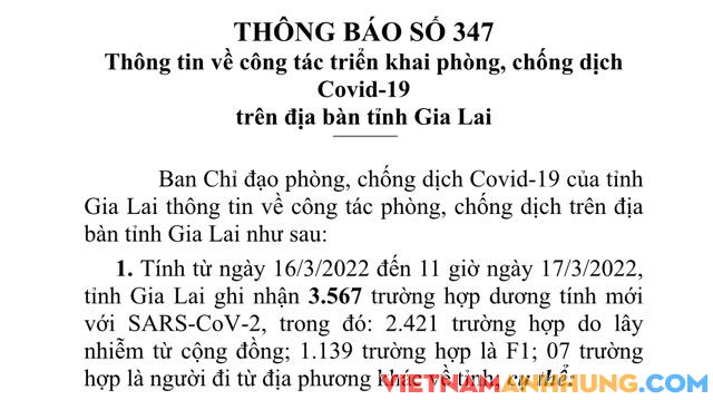Sáng 17/3/2022, Gia Lai có thêm 3.567 trường hợp dương tính và thêm 07 trường hợp tử vong vì Covid-19