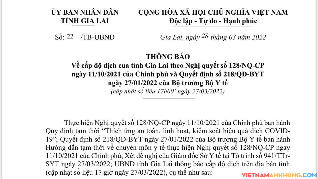 Thông báo cấp độ dịch của thành phố Pleiku mới nhất