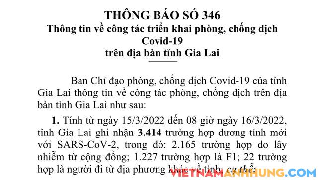 Sáng 16/3/2022, Gia Lai ghi nhận 3.414 trường hợp dương tính với Sars-CoV-2