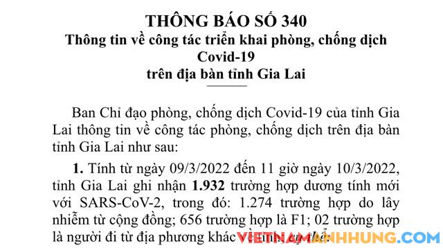 Đến 13h ngày 10/3/2022, Gia Lai ghi nhận 1.932 trường hợp dương tính với Sars-CoV-2 và thêm 05 ca tử vong vì Covid-19