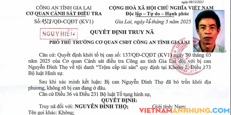 Gia Lai: Truy nã cấp độ nguy hiểm đối với bị can Nguyễn Đình Thọ về tội trộm cắp tài sản