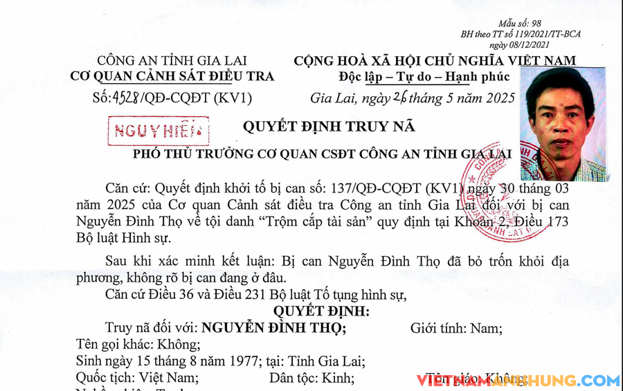 Gia Lai: Truy nã cấp độ nguy hiểm đối với bị can Nguyễn Đình Thọ về tội trộm cắp tài sản