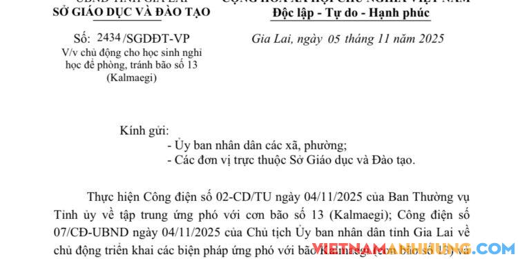 Học sinh tỉnh Gia Lai được nghỉ học từ trưa 05/11/2025 để phòng chống bão số 13