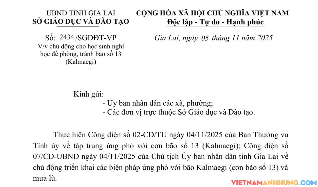 Học sinh tỉnh Gia Lai được nghỉ học từ trưa 05/11/2025 để phòng chống bão số 13